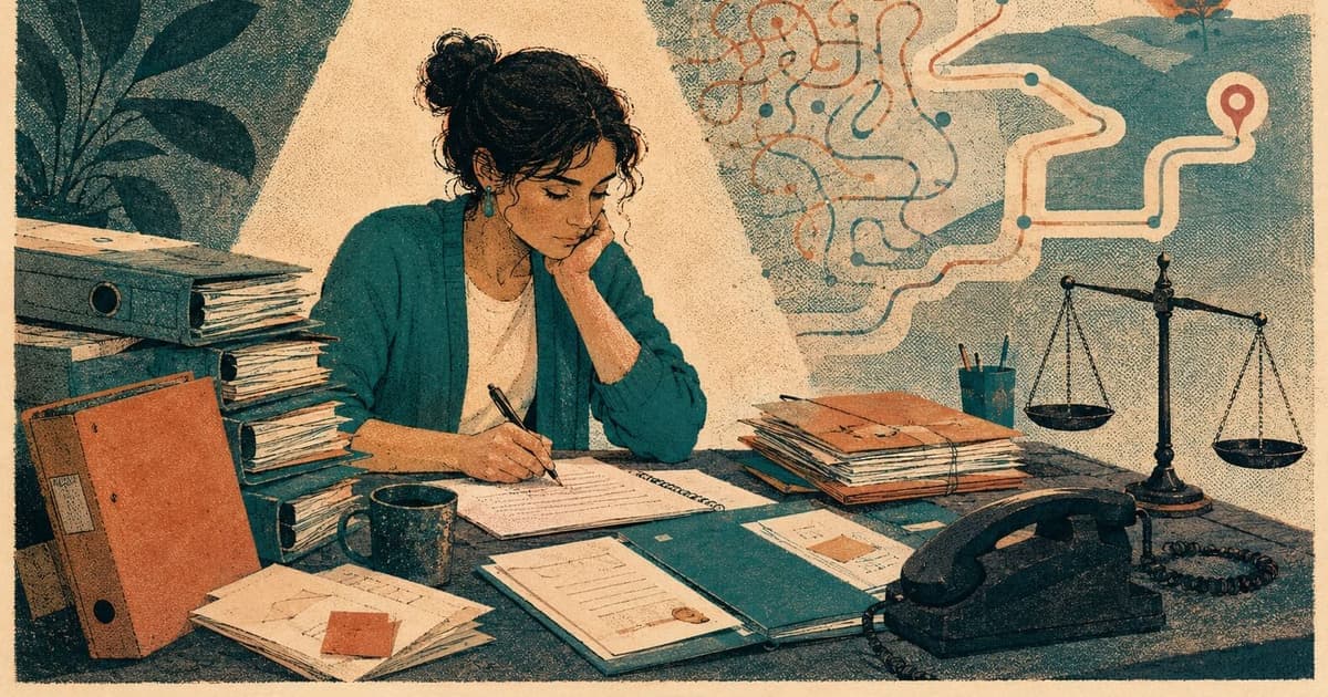 Provisional psychologist facing official letters, folders, and phone calls, with confusing pathways resolving into a readable map