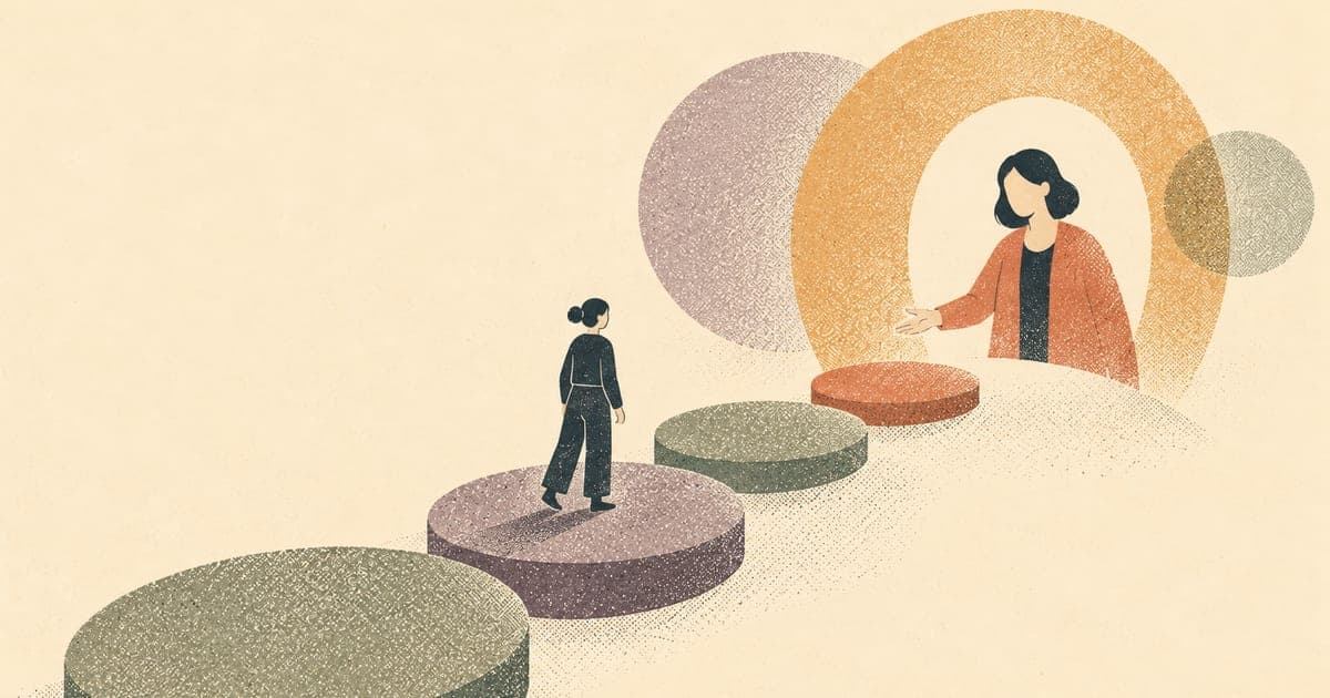 Provisional psychologist at a desk surrounded by logbooks and documentation with a supportive supervisor figure in the background: Risograph illustration