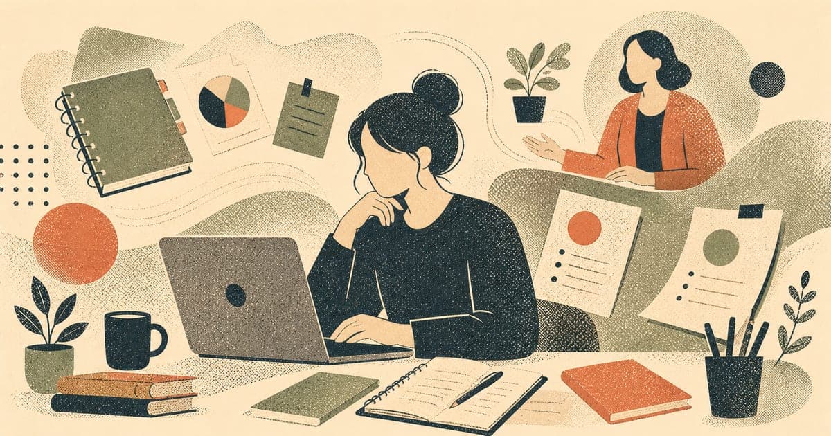 Provisional psychologist at a desk surrounded by logbooks and documentation with a supportive supervisor figure in the background: Risograph illustration