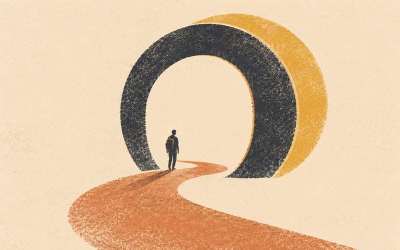 Abstract figures beginning a journey with pathway ahead, suggesting entry and new beginnings