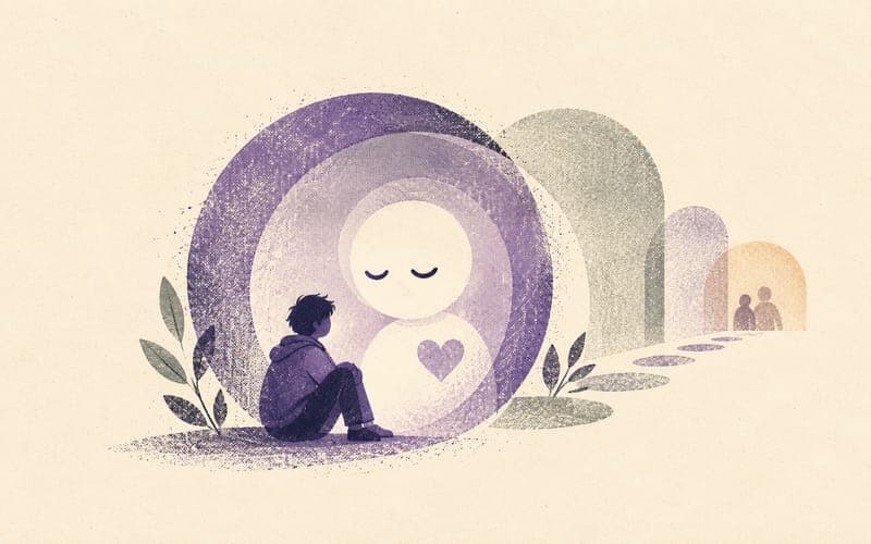 Young person leaning toward a companion-style chatbot while privacy shards and human support boundaries sit further back, Risograph editorial illustration in violet and charcoal on warm cream, 16:10 landscape