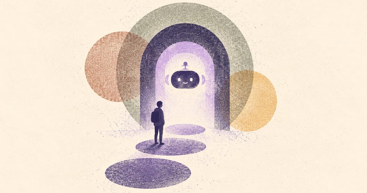 Young person and clinician facing a glowing chatbot interface surrounded by privacy fragments and care boundaries, Risograph editorial illustration in violet and charcoal on warm c