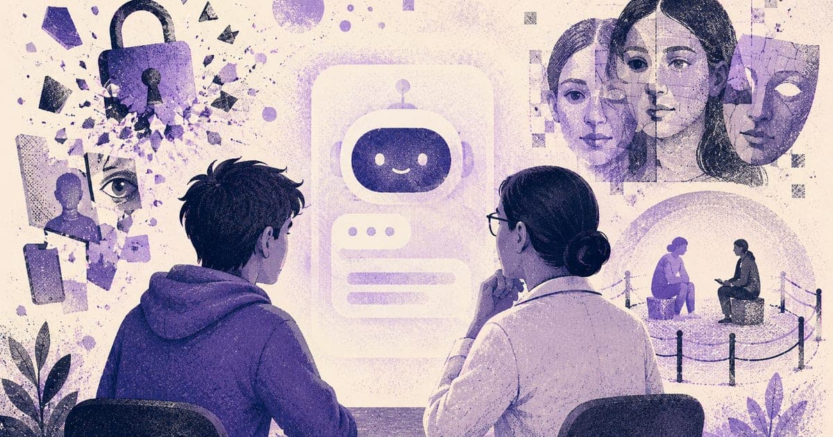 Young person and clinician facing a glowing chatbot interface surrounded by privacy fragments and care boundaries, Risograph editorial illustration in violet and charcoal on warm c