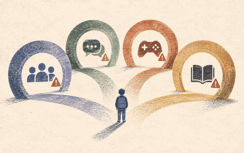 Family and school decision map comparing age-restricted platforms with messaging, gaming, and education apps that still carry social risk, Risograph editorial illustration in dusty blue and charcoal on warm cream, 16:10 landscape