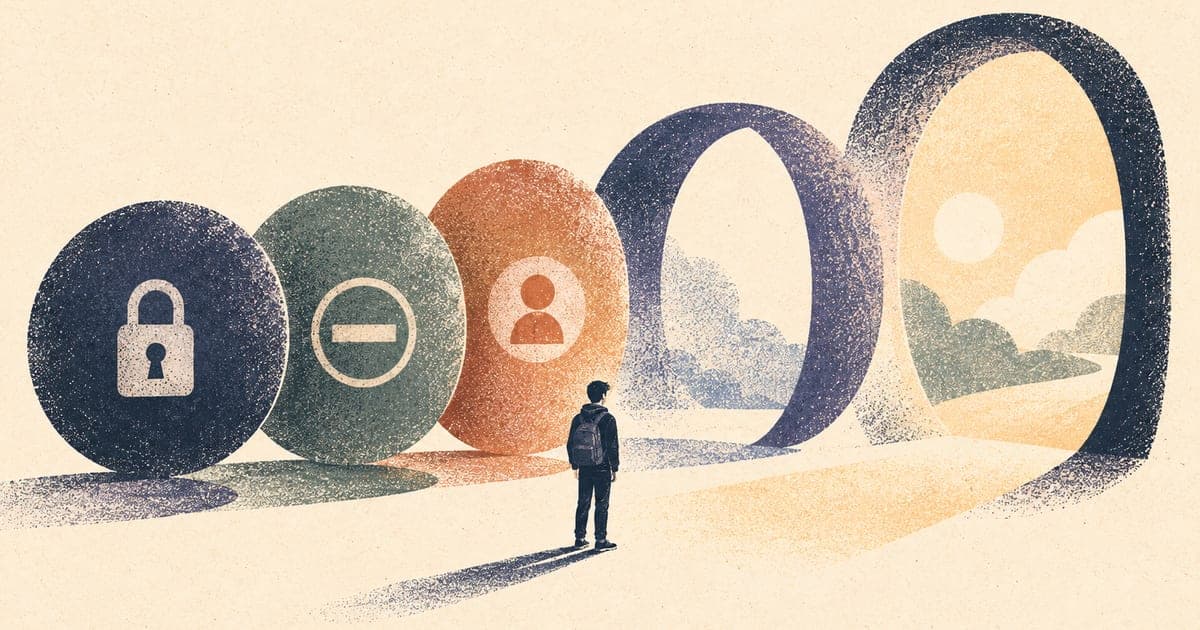 Teen silhouette standing between platform icons, age gates, and open pathways, Risograph editorial illustration in dusty blue and charcoal on warm cream, 16:10 landscape