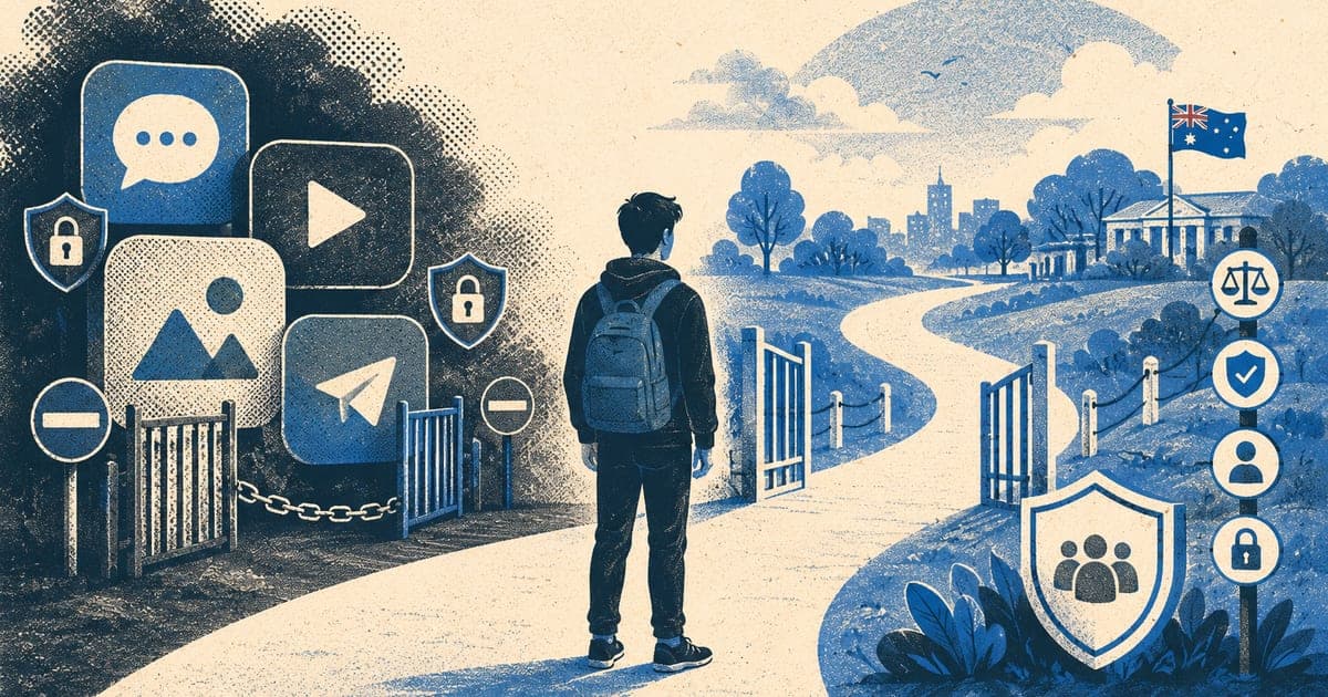 Teen silhouette standing between platform icons, age gates, and open pathways, Risograph editorial illustration in dusty blue and charcoal on warm cream, 16:10 landscape