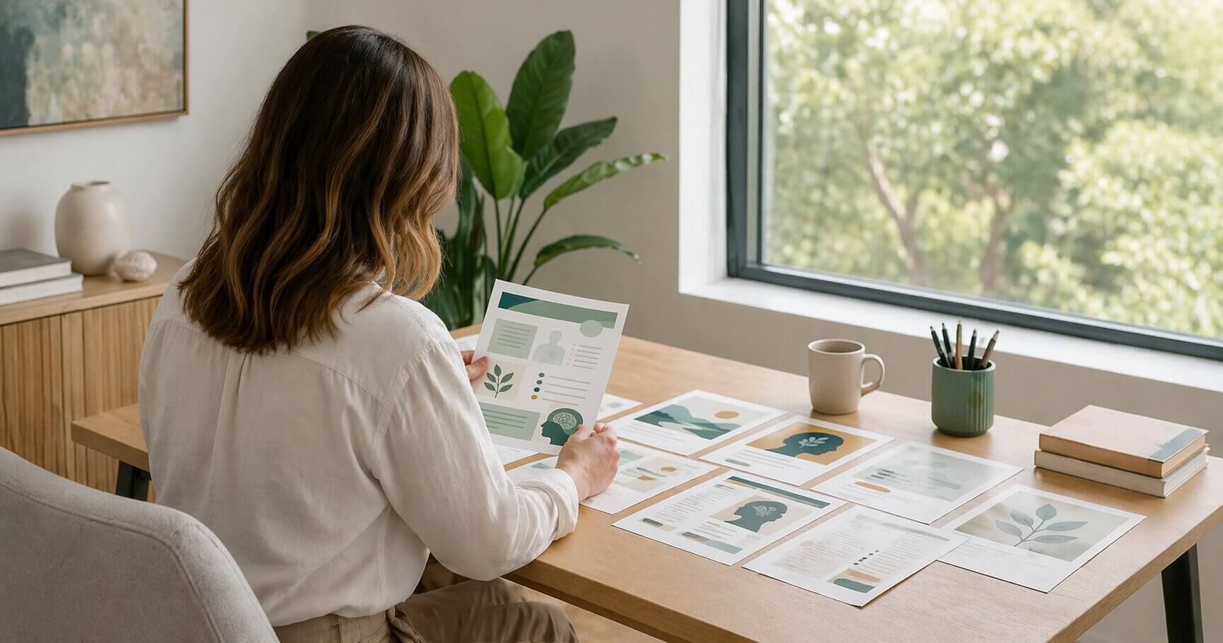 Australian psychologist reviewing clinical resources at a bright desk