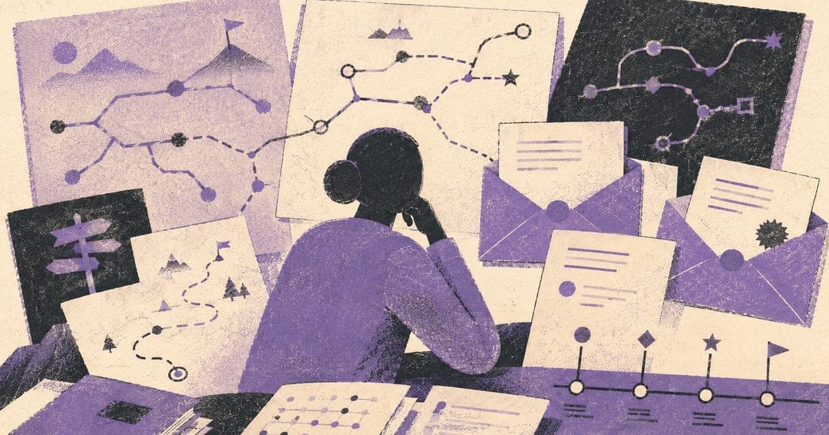 Abstract faceless figure seated at a minimal desk with branching path forms fanning out in front of them, representing the range of psychology postgraduate program choices — Risogr