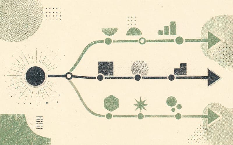 Abstract faceless figure facing a spread of program cards across a map-like field, representing the uneven distribution of psychology postgraduate options across Australia — Risograph two-colour flat print, terracotta and charcoal on cream