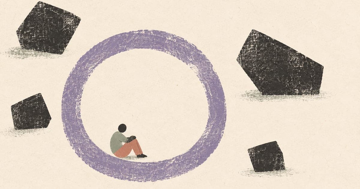 Autistic burnout shown as a person resting inside a quiet boundary while demands sit outside