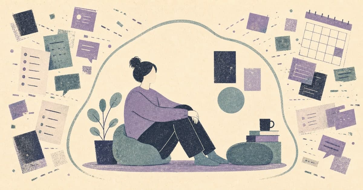 Autistic burnout shown as a person resting inside a quiet boundary while demands sit outside