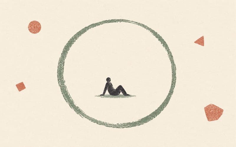 A small figure rests within an open sage circle, with distant shapes suggesting demands kept outside.