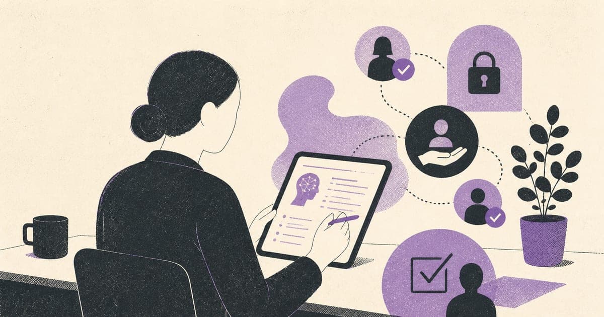 Psychologist reviewing AI-scribed clinical notes with consent, privacy, and accountability checkpoints