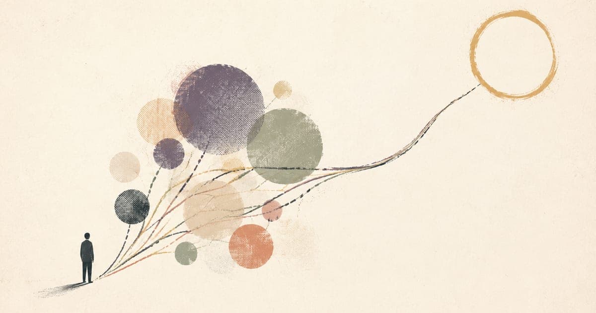 A small figure following one path from a group of overlapping possibilities