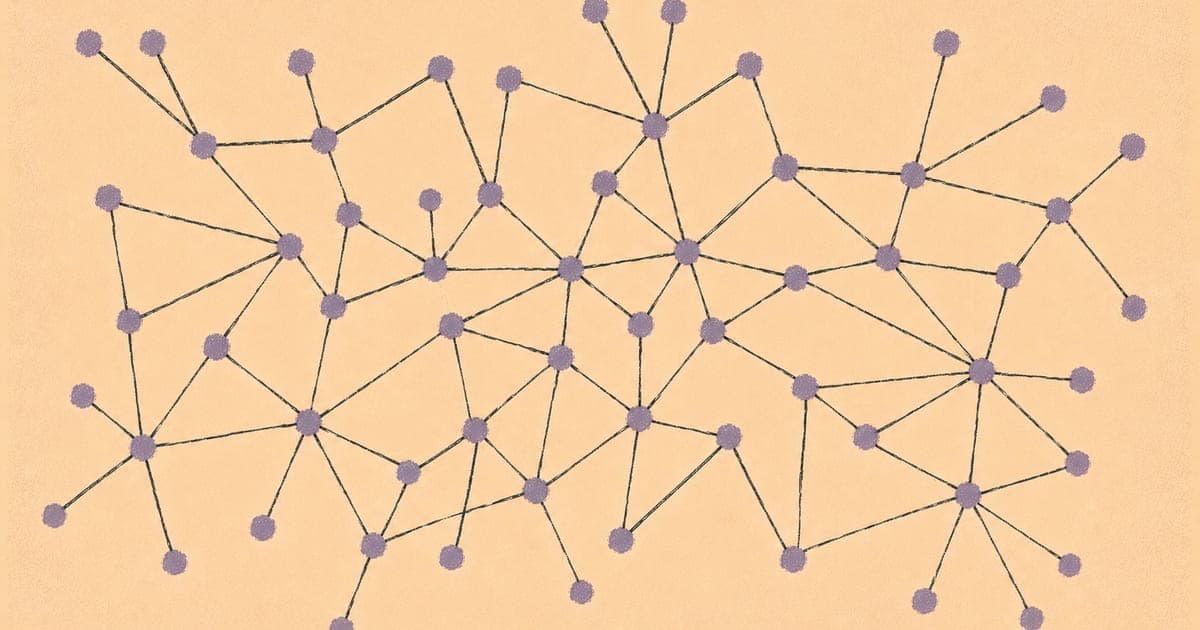 Dense network of geometric nodes and pathways suggesting neural connectivity, Risograph in dusty violet and charcoal on cream