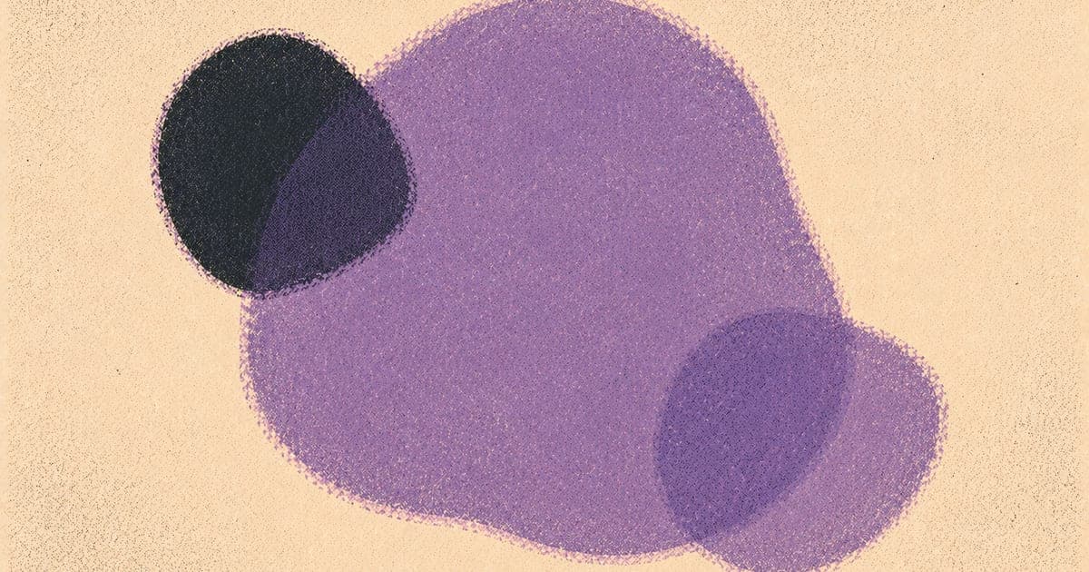 Abstract overlapping forms suggesting clinical depth and assessment layers, Risograph in dusty violet and charcoal on cream
