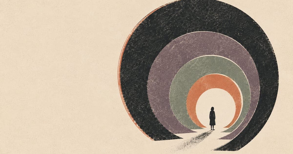 A lone figure enclosed by narrowing shapes and pathways, suggesting loss of freedom, emotional pressure, and invisible control