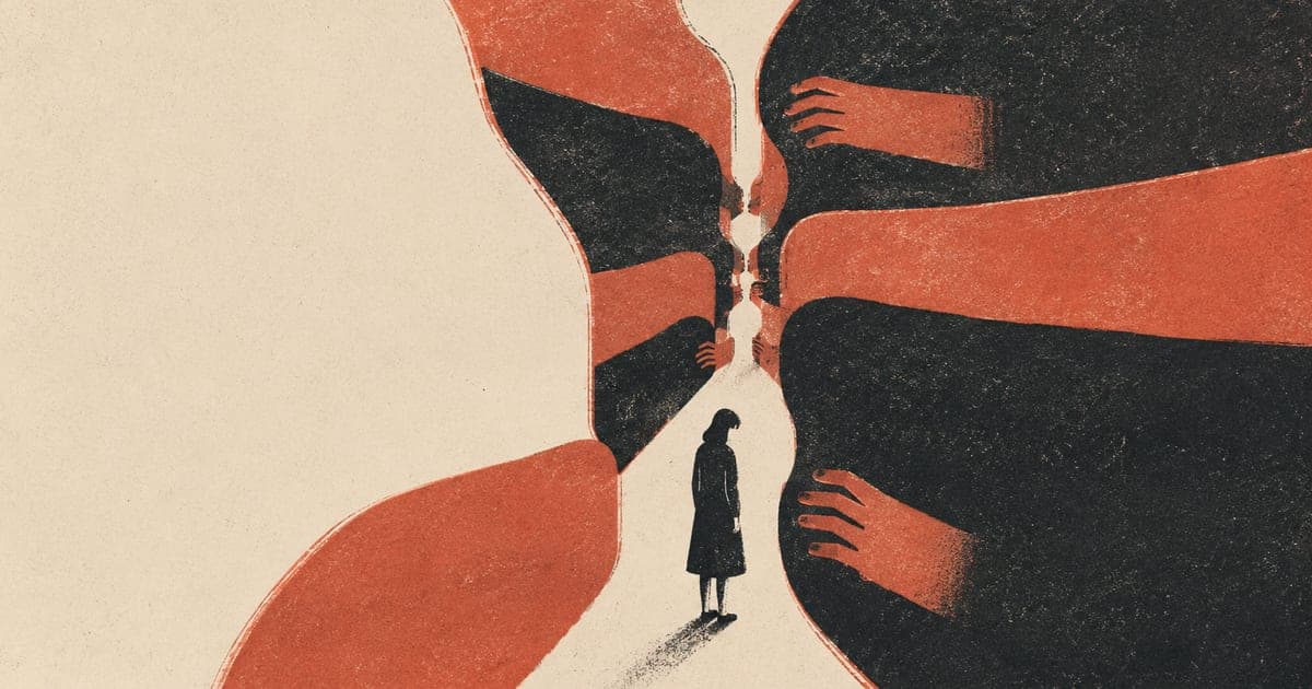 A lone figure enclosed by narrowing shapes and pathways, suggesting loss of freedom, emotional pressure, and invisible control