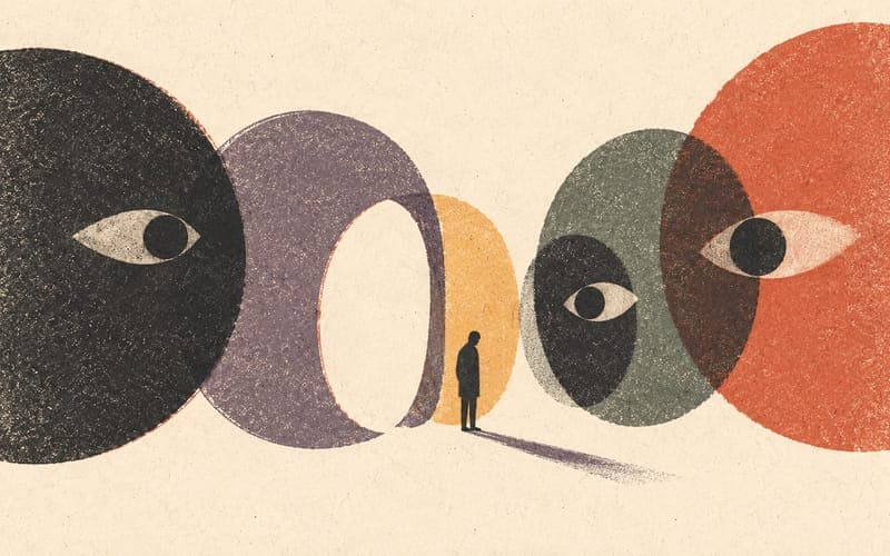 A figure split by fragmented shapes and watchful forms, suggesting confusion, surveillance, and erosion of self-trust