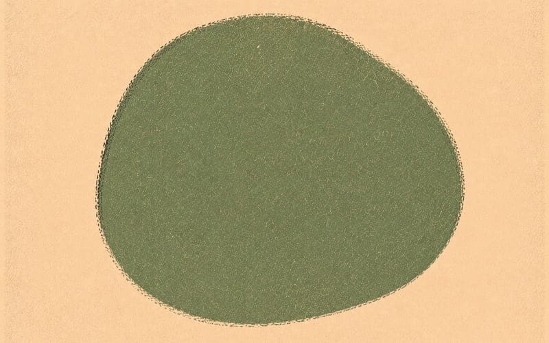 Organic sage green form suggesting growth and person-centred orientation, Risograph misregistration on cream