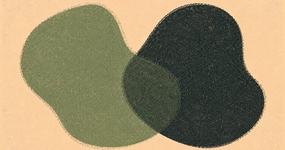 Abstract form of two shapes in close proximity — relational and humanistic composition, Risograph in sage green and charcoal on cream
