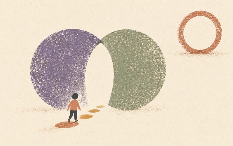 A child following stepping stones toward an open passage between two large textured circles