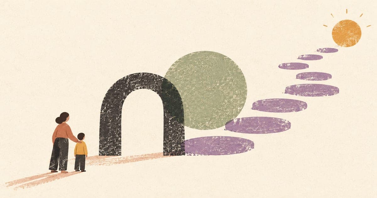 A child and supporting adult approaching an open arch and a calm pathway of connected steps