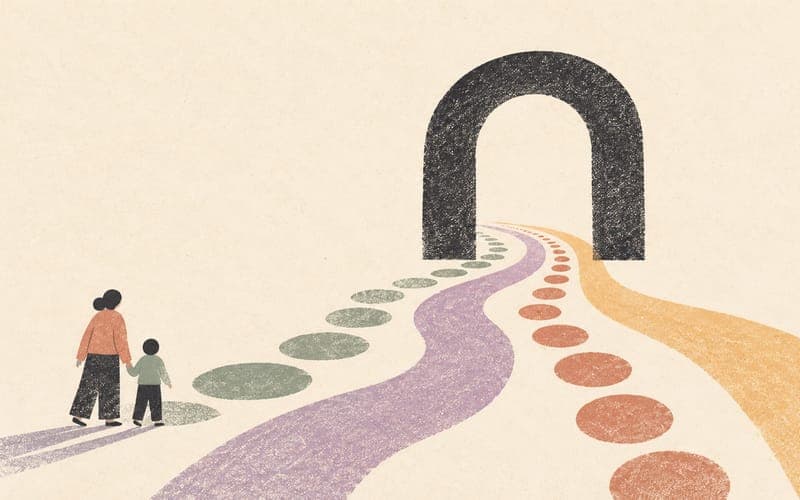 A child and carer beside several differently shaped paths converging through the same open arch