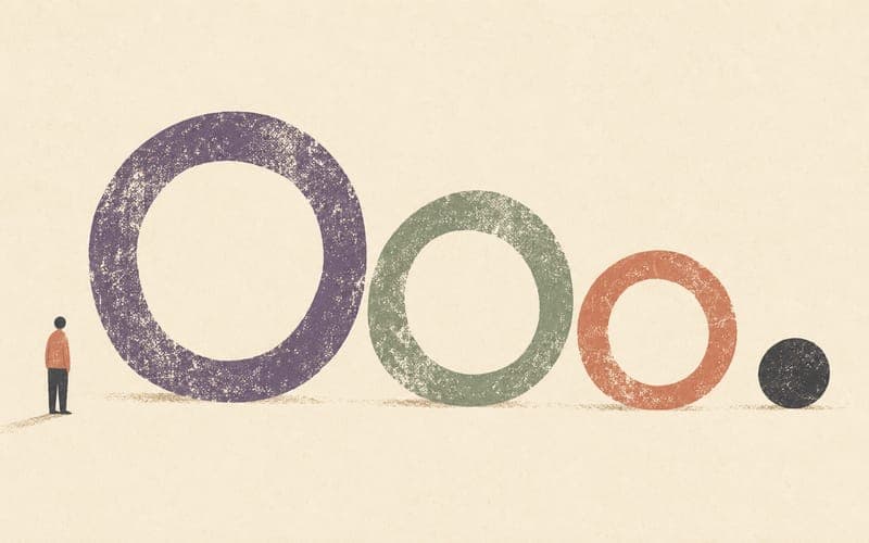 A tiny figure near uneven textured rings suggesting changing budget context