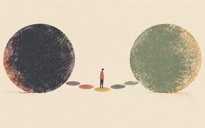 A tiny figure between separate textured circles suggesting a careful distinction