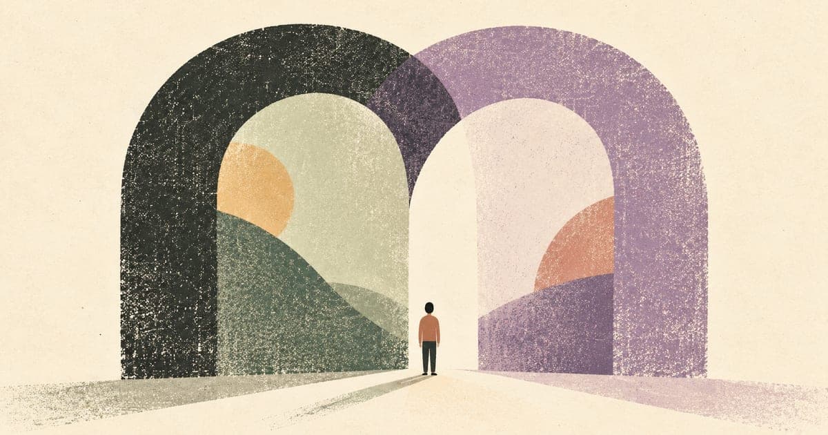 A small figure standing between overlapping abstract arches that suggest a careful funding boundary