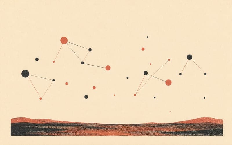 A risograph illustration of a small network of connected dots and lines across a minimal landscape, suggesting overlapping relationships in a small professional community