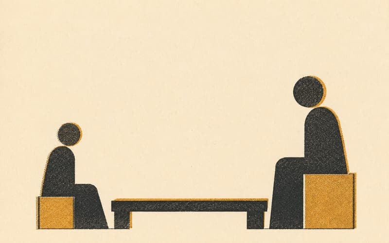 A risograph illustration of two abstract figures at unequal heights across a table, suggesting power imbalance in supervision