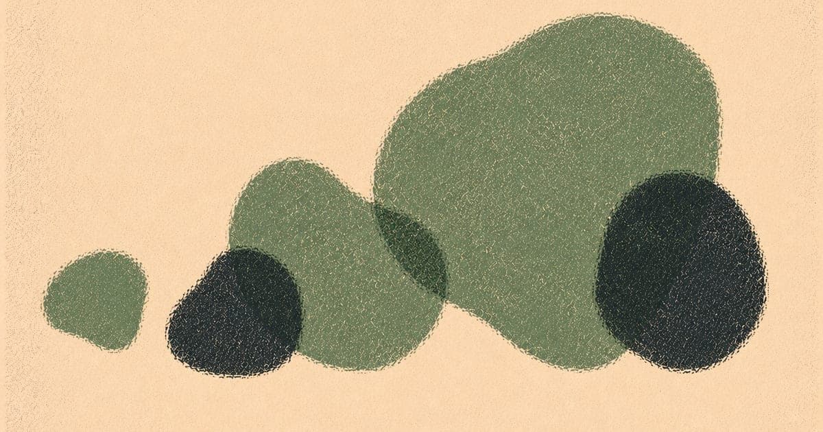 Abstract growth forms and developmental arcs rendered as overlapping organic shapes, Risograph in sage green and charcoal on cream