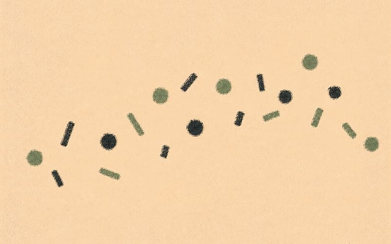Scattered geometric nodes suggesting developmental milestones across a timeline, Risograph sage green and charcoal on cream