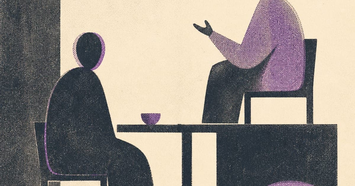 Two figures in professional consultation, minimalist Risograph illustration in charcoal and sage.
