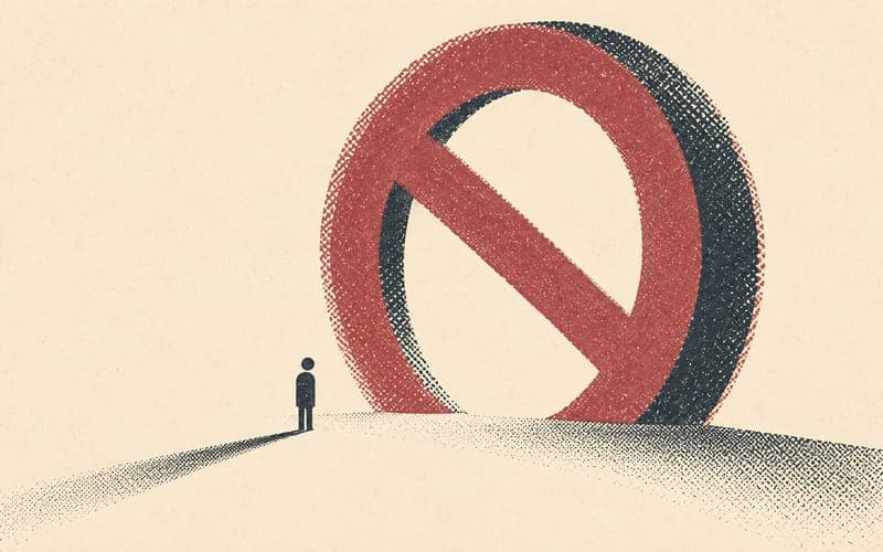 Stop sign symbol, abstract barrier in deep charcoal with cream background, visible ink misregistration