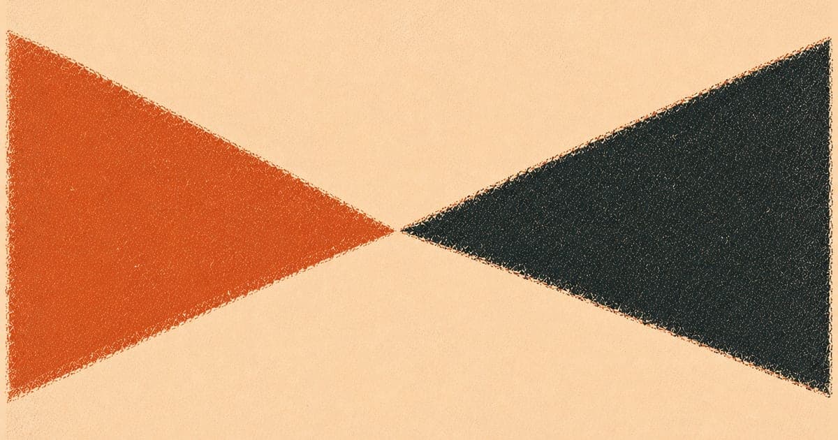 Abstract geometric tension — two angular forms held in opposition, Risograph in terracotta and charcoal on cream