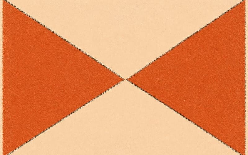 Two angular terracotta forms in sharp opposition on a cream field, Risograph misregistration and grain