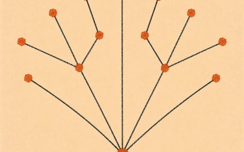 Terracotta and charcoal branching structure, multiple forensic pathways diverging from a single base point, Risograph on cream