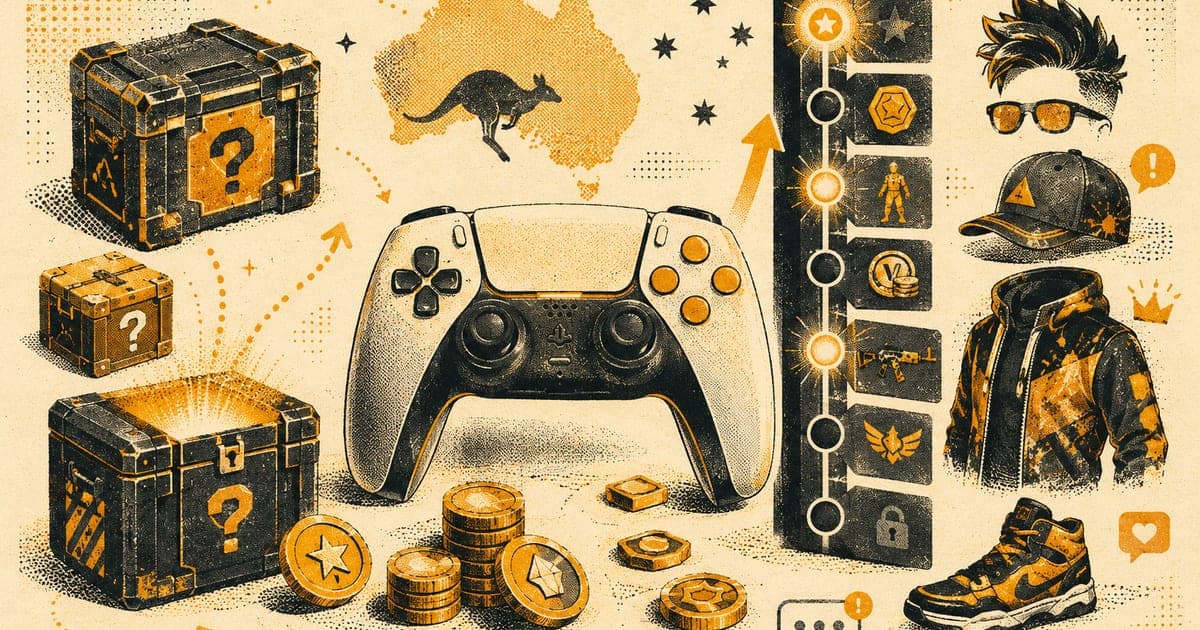 Game controller, coins, crates, season pass ladder, and status skins arranged as a persuasive system, Risograph editorial illustration in amber and charcoal on warm cream, 16:10 la
