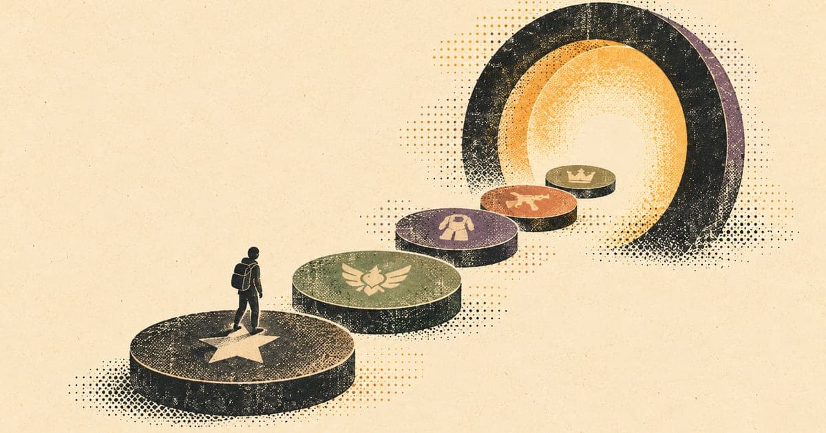 Game controller, coins, crates, season pass ladder, and status skins arranged as a persuasive system, Risograph editorial illustration in amber and charcoal on warm cream, 16:10 la