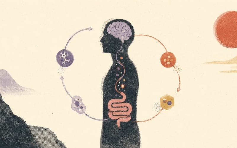 Editorial illustration of gut-brain signalling across stress, mood, and autistic burnout