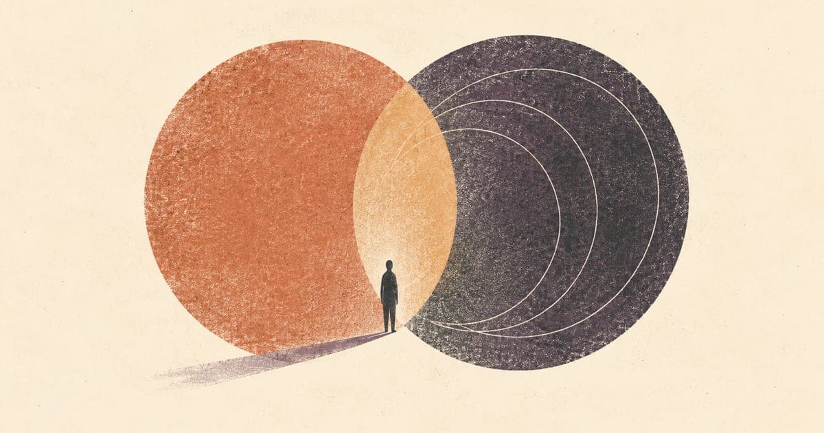 Abstract overlapping forms suggesting the interface of two systems: body and mind rendered as geometric intersection, Risograph in terracotta and charcoal on cream