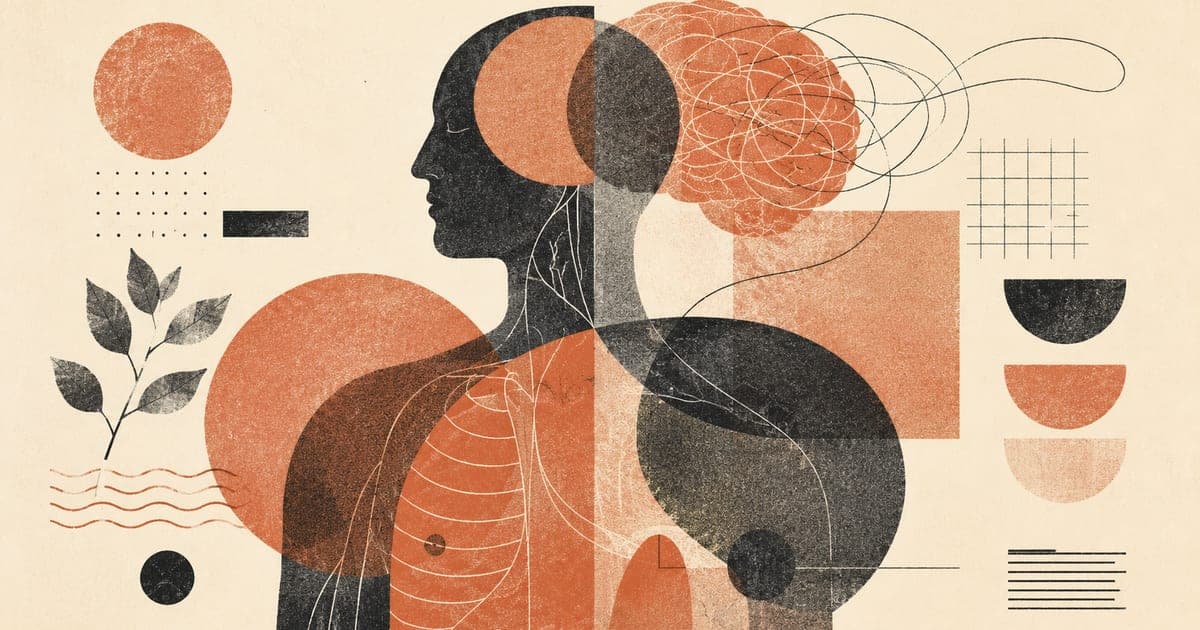 Abstract overlapping forms suggesting the interface of two systems — body and mind rendered as geometric intersection, Risograph in terracotta and charcoal on cream