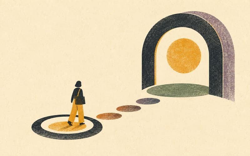 A generally registered psychologist continuing along a separate supervised route towards clinical psychology endorsement, Risograph editorial illustration in deep charcoal, warm cream and amber, two clearly distinct credential stages and a faceless professional figure, tactile grain, no text, no logos