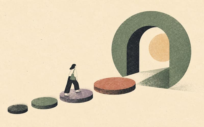 A psychology student moving from foundational university books into a distinct fourth-year research stage, Risograph editorial illustration in deep charcoal, warm cream and sage green, abstract thesis pages and faceless figure, spacious Japanese-minimalist layout, visible ink grain, no text, no logos