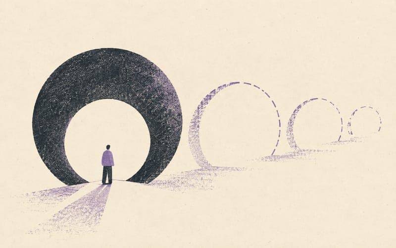A current multi-stage psychology pathway beside a proposed integrated route that remains unfinished, Risograph editorial illustration in deep charcoal, warm cream and dusty violet, one solid path and one lightly incomplete path, faceless figures, generous negative space, no text, no logos