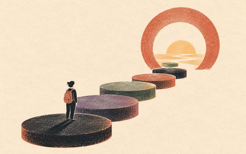 A psychology training path narrowing around competitive entry, placement availability, finances, caring and supervision, Risograph editorial illustration in deep charcoal, warm cream and terracotta, faceless student navigating staggered obstacles, open horizon, visible ink grain, no text, no logos