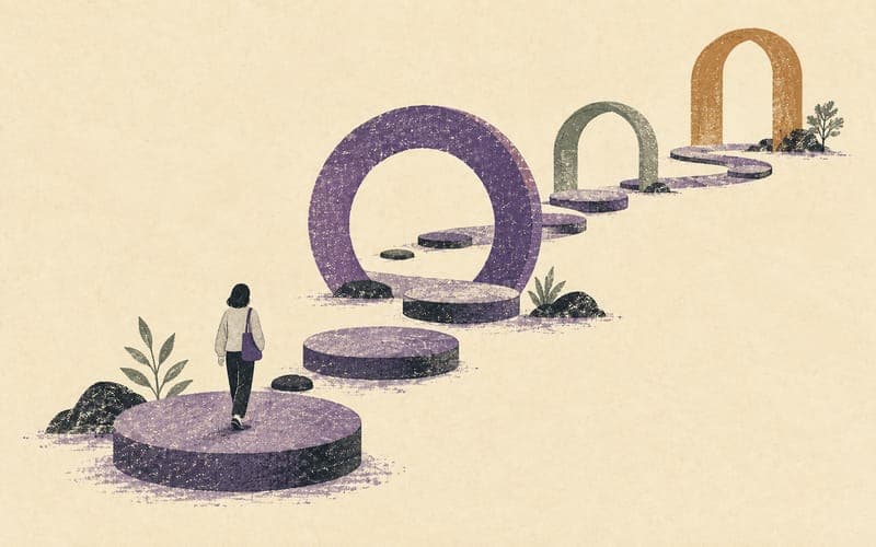 A realistic psychology training timeline bending around pauses and detours before reaching registration, Risograph editorial illustration in deep charcoal, warm cream and dusty violet, calm faceless student on a winding path with milestone arches, generous negative space, no numbers, no text, no logos